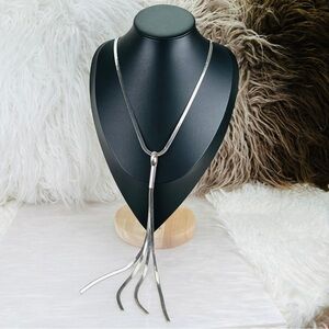 Super long, Silvertone metal fringe necklace for back.